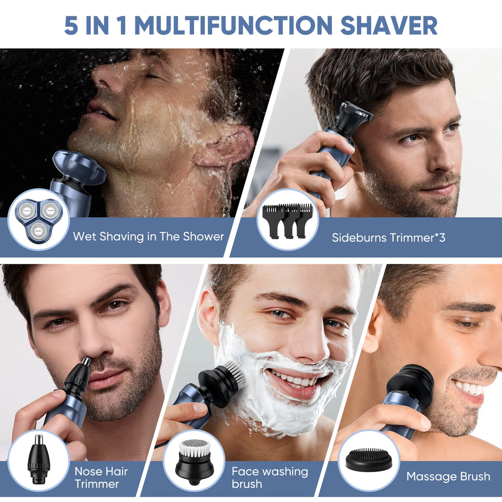 SEJOY 5-in-1 Rotary Electric Shaver for Men – IPX7 Waterproof, 90-Min Runtime, USB Fast Charge