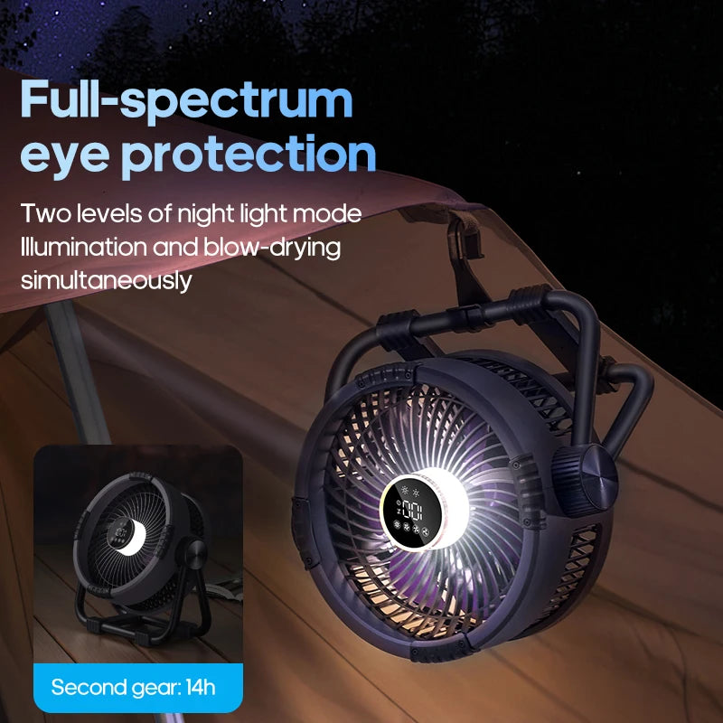 6-in-1 Portable Camping Fan – 20000mAh Rechargeable Wireless Tent Ceiling Fan with LED Light & Power Bank