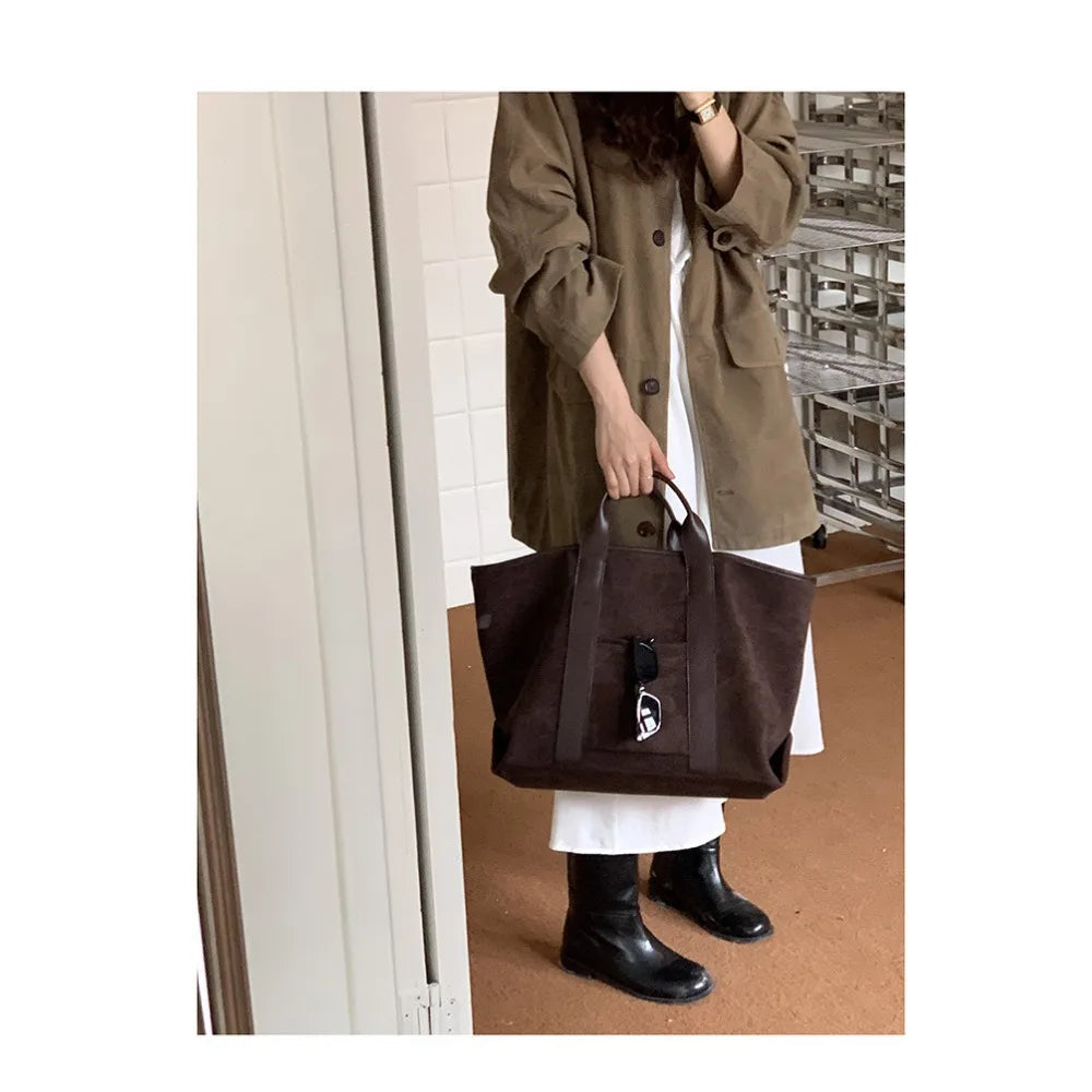 Large Capacity Retro Faux Suede Shoulder Tote Bag – Luxury Commuter Travel Handbag for Women
