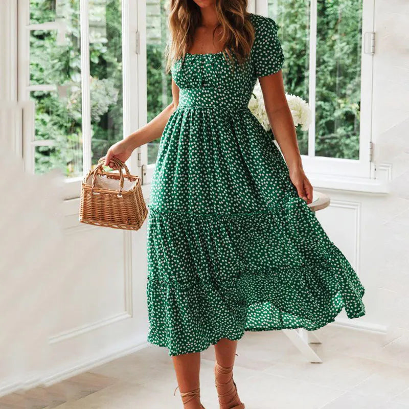 Women's Vintage Floral Puff Sleeve Maxi Beach Dress – Square Collar Casual Long Dress
