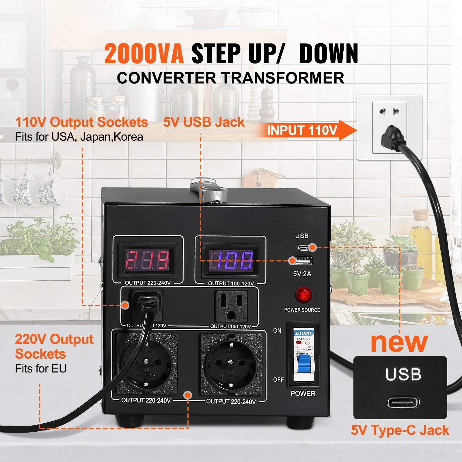 Heavy Duty Voltage Converter Transformer — 2000VA/3000VA/5000VA Step Up/Down, US & EU Outlets