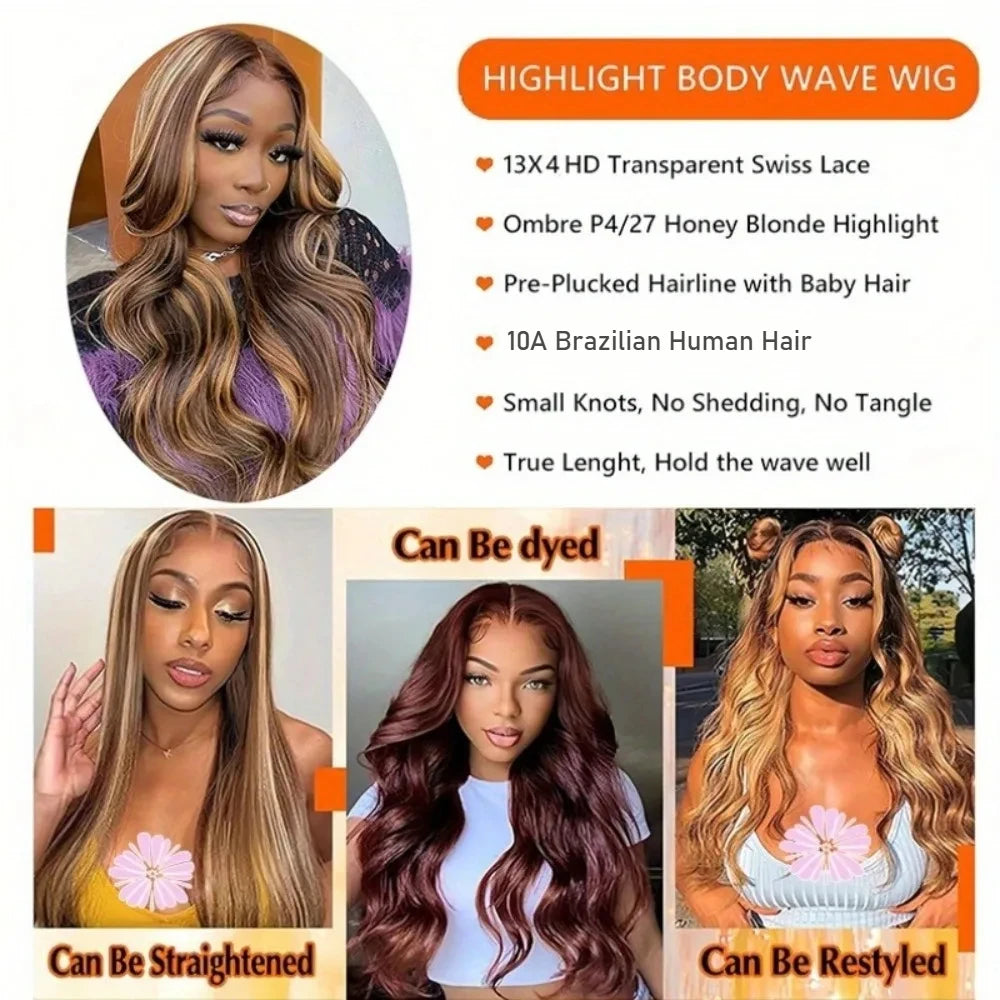 30 Inch Honey Blonde Ombre Body Wave Lace Front Wig | 4/27 Highlight 13x4 13x6 HD Glueless Pre-Plucked Brazilian Human Hair