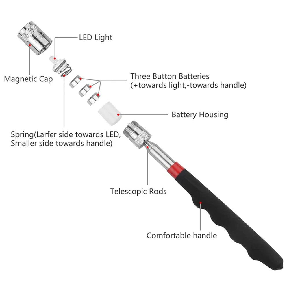 Telescopic Magnetic Pickup Tool – 8LB Capacity, Extendable to 31", LED Light for Screws, Nuts & Bolts