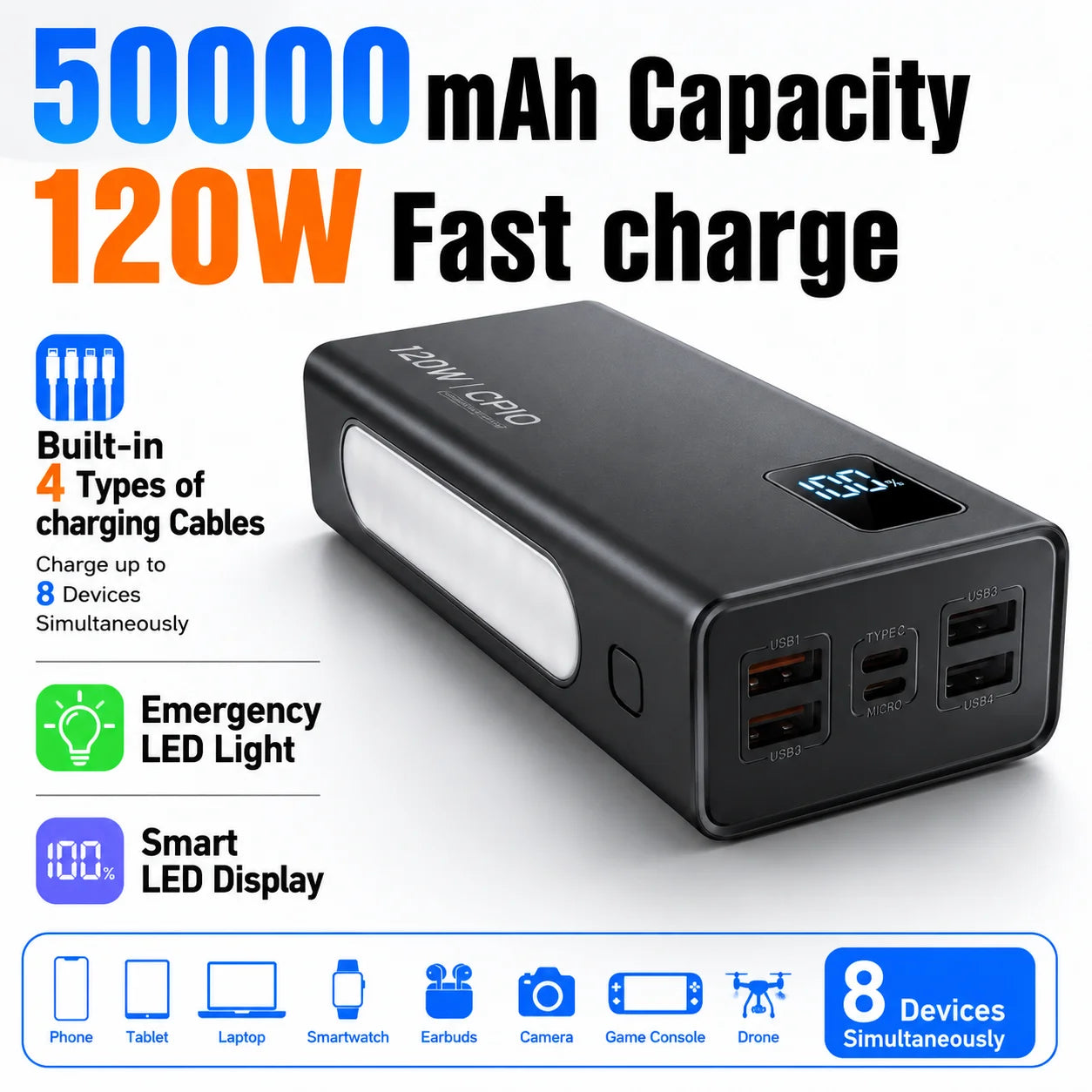 50000mAh 120W Power Bank — High-Capacity Fast Charging Portable Battery