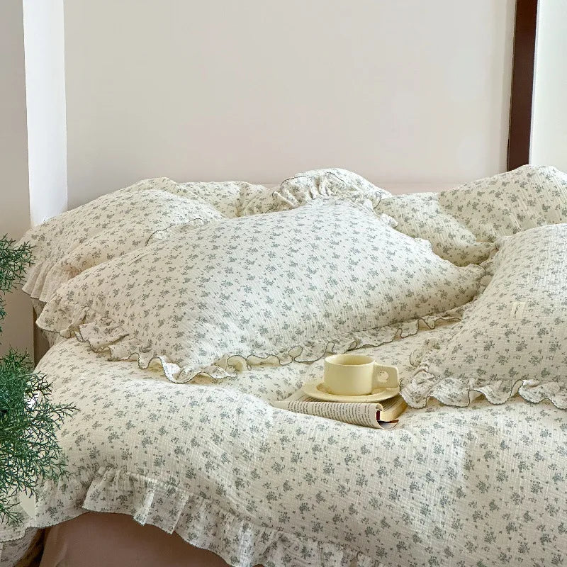 Princess Ruffle Bedding Set – 100% Cotton Gauze Duvet Cover with Pillowcases, Floral, 3-Piece