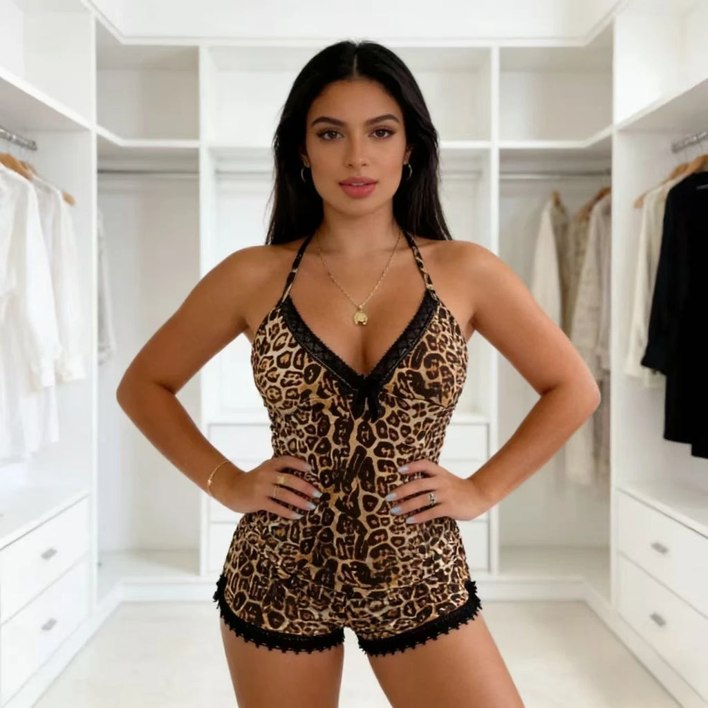 Leopard Lace Trim 2-Piece Pajama Lingerie Set