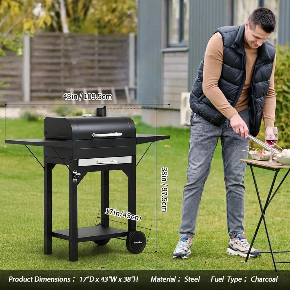 Dual-Side Table Charcoal Grill | 332 Sq. In. Cooking Area, Built-In Thermometer, 360° Wheels, Removable Ash Collector, Outdoor BBQ Smoker