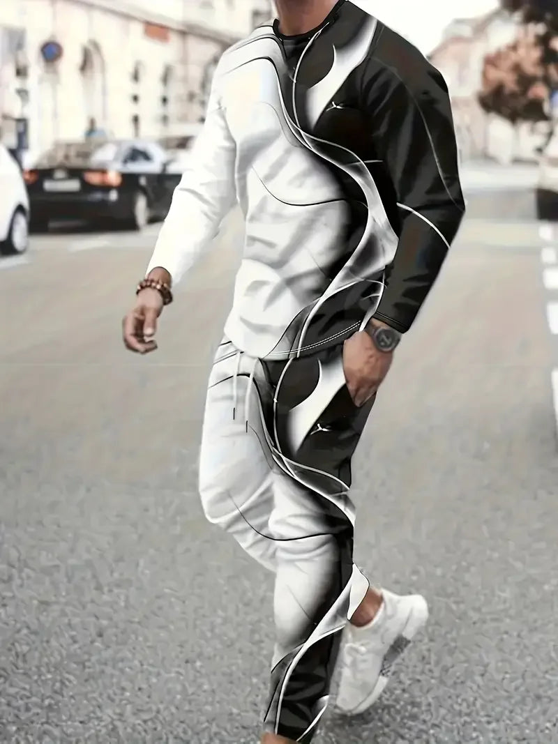 Men's 3D Print Long Sleeve T-Shirt & Jogger Pants Street Tracksuit