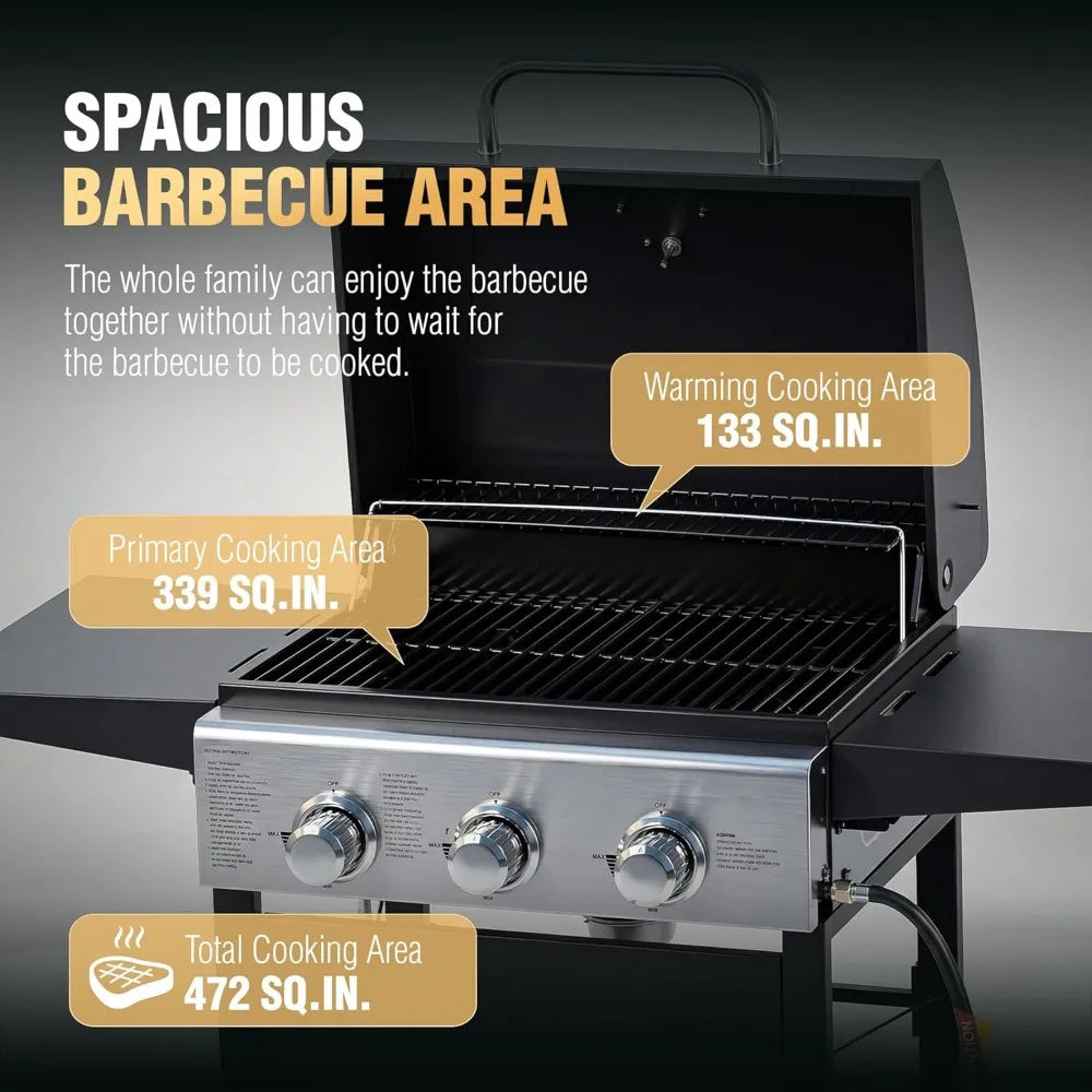 3-Burner Propane Gas Grill | 472 Sq. In., 30,000 BTU, Stainless Steel, Foldable Side Tables, Built-in Thermometer