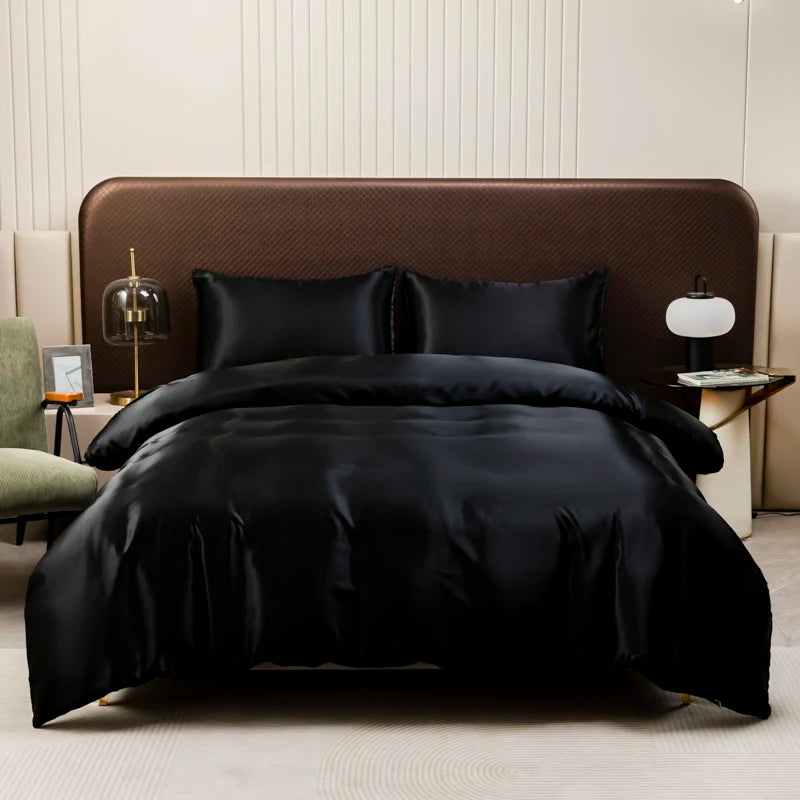 Luxury Ice Silk Satin Bedding Set – Solid Color Duvet Cover with Pillowcases, Queen & King