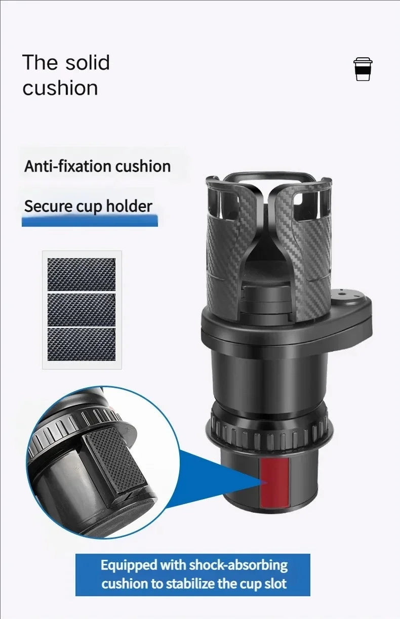 Black carbon-fiber-textured cup holder with anti-fixation cushion and shock-absorbing red accent, shown with explanatory text and inset detail views on a white background.