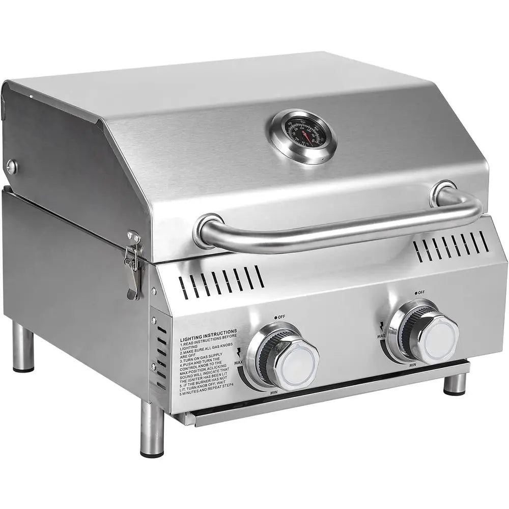 Portable 2-Burner Stainless Steel Propane Grill | 20,000 BTU, Push-Button Ignition, Built-In Thermometer, Outdoor, Camping & RV