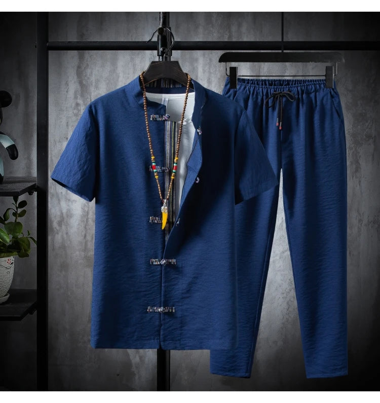 Men's 100% Cotton Linen Short Sleeve Shirt & Drawstring Pants Set