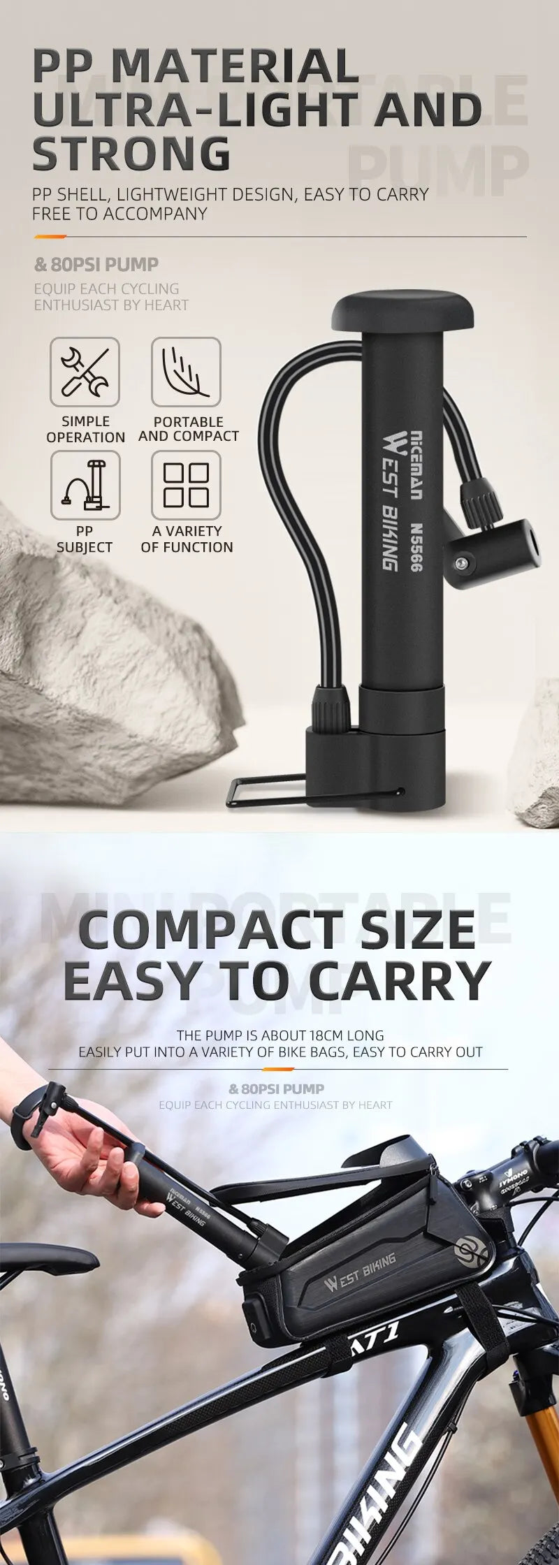WEST BIKING Manual Bike Tire Pump for Schrader Valves