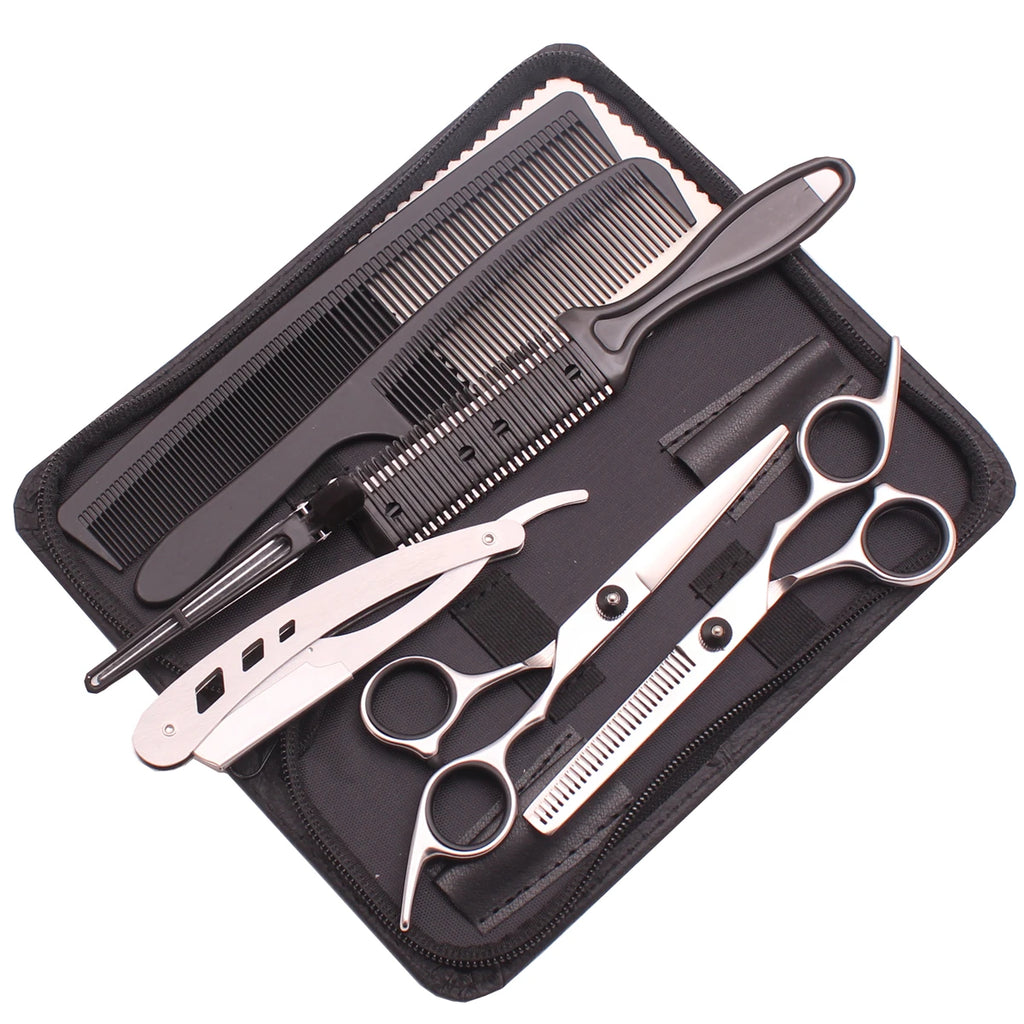 7-Piece 6" Barber Scissors Set – Stainless Steel Hair Cutting & Thinning Shears with Comb & Razor