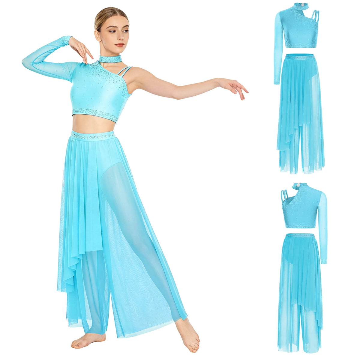 Women's Dance Performance Costume – Shiny Crop Top & Sheer Pants for Skating, Gymnastics & Ballet