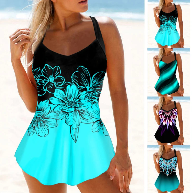 Women's Peony Print Bikini Tank Top Two-Piece Set — Hollowed Out Floral Swimsuit S–6XL
