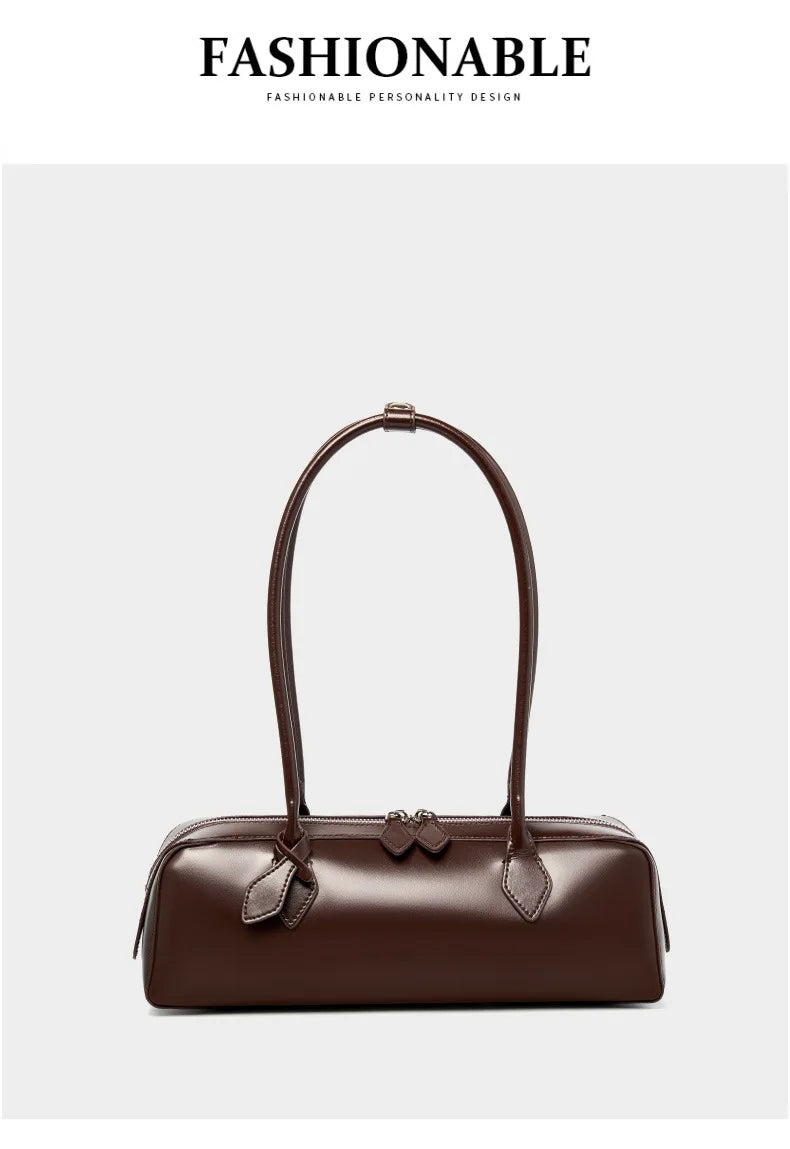 Vintage Genuine Leather Baguette Shoulder Bag – Korean Luxury Underarm Handbag for Women