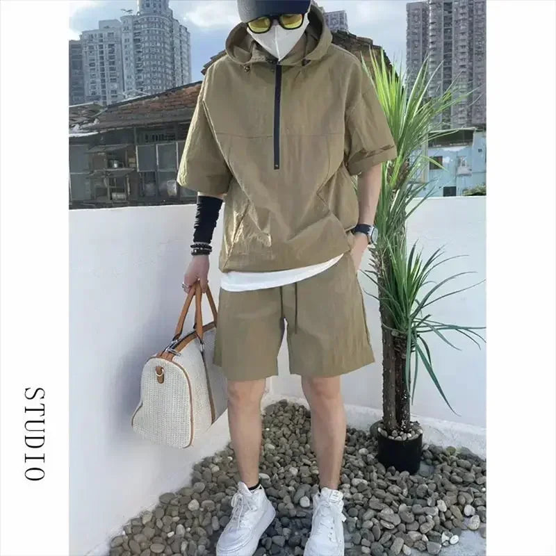 Men's Cargo Style Hooded T-Shirt & Shorts Set – Solid Loose Fashion Casual Sweatshirt Suit