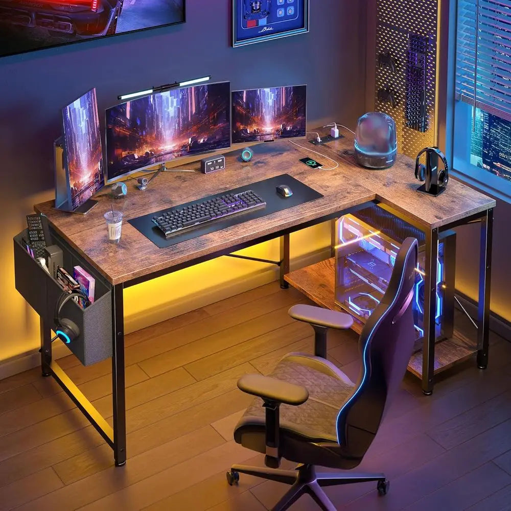Brown Corner L-Shaped Computer Desk with Power Outlets and Reversible Storage, Ideal for Small Home Office Spaces Customized