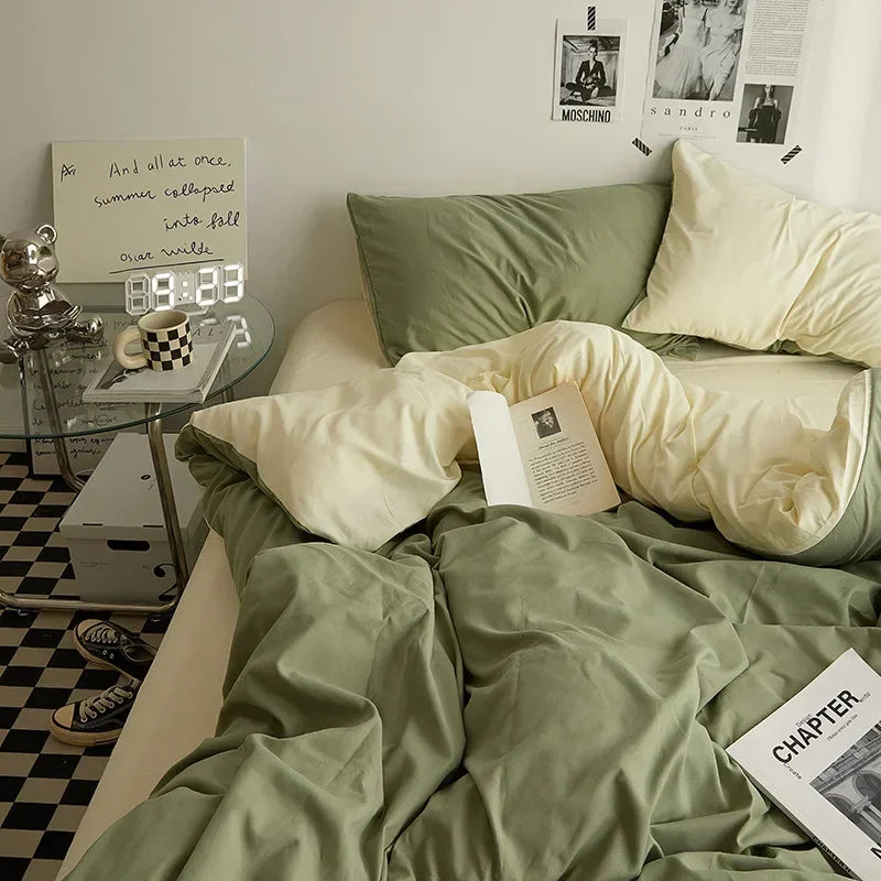 Solid Color Washed Cotton Bedding Set – 4-Piece Duvet Cover, Bed Sheet & Pillowcases, Twin to King
