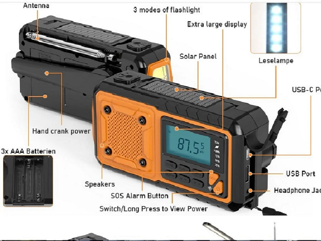 Emergency Hand Crank Solar Radio – 5000mAh AM/FM/NOAA Weather Alert, 4-Way Powered Digital Display