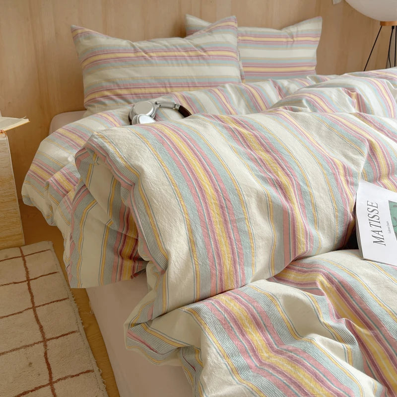 100% Cotton Stripe Bedding Set – Duvet Cover with Pillowcases, Twin to King