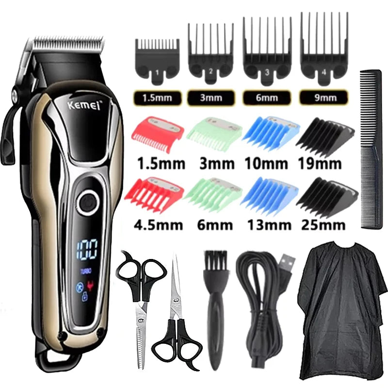 Kemei KM-1990 Professional Hair Clipper – LCD Display, 120-Min Battery, Almighty Grooming Set