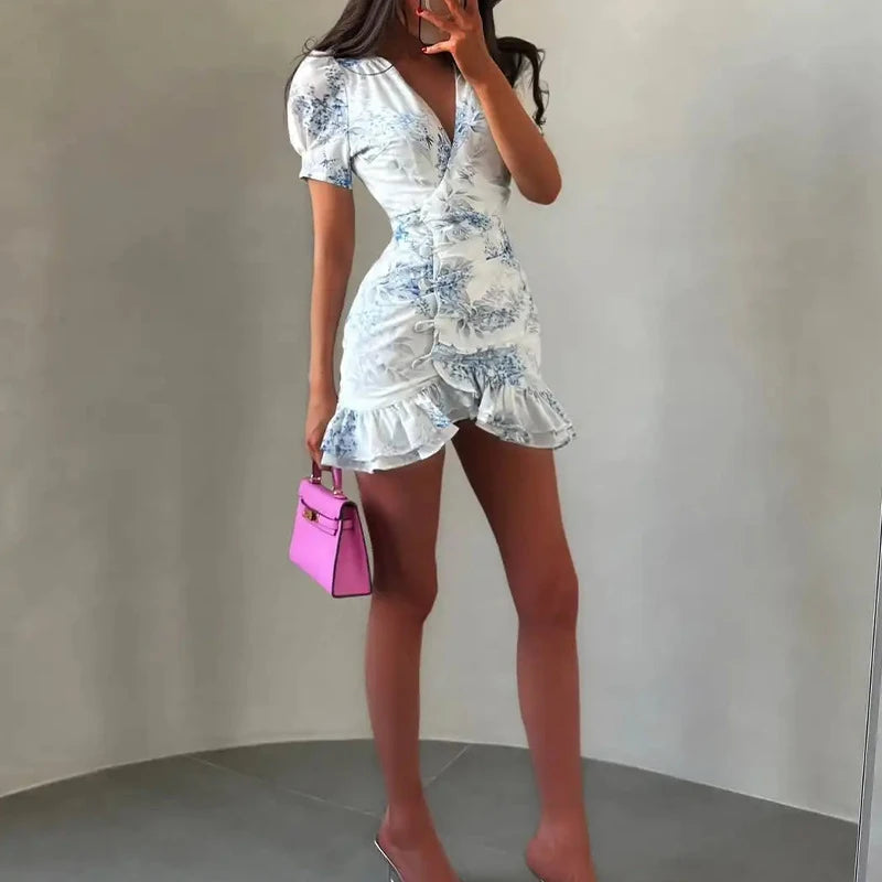 Women's Floral Ruffle Slim Dress – Deep V-Neck Double Layered Ruffled Hem Party & Daily Gown