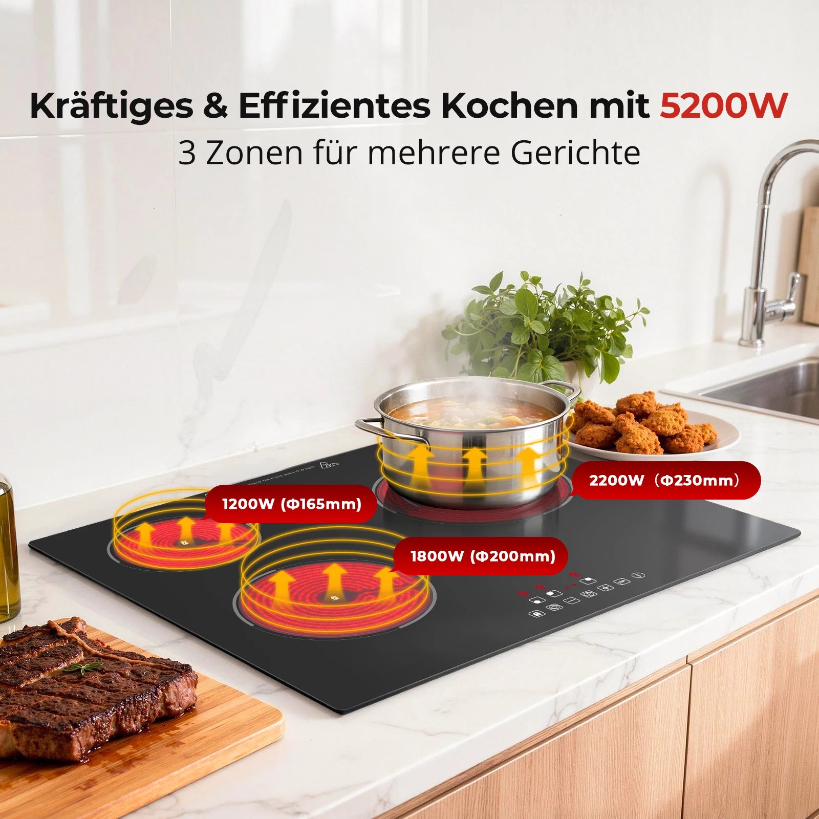 6000W 4-Zone Ceramic Induction Hob – 60cm Black Glass, Touch Control, 9 Power Levels, Timer & Child Lock