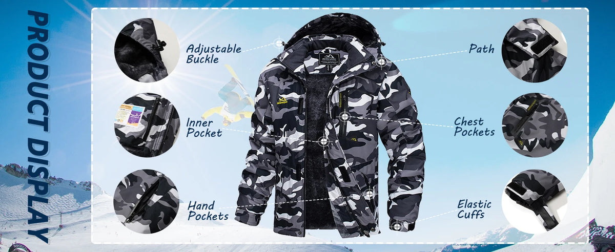 TACVASEN Fleece-Lined Mountain Hiking Jacket – Removable Hood Ski Snowboard Parka for Men