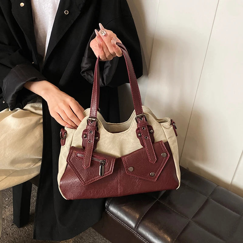 Retro Color-Block Satchel Shoulder Bag – European Style PU Leather Tote Handbag for Women