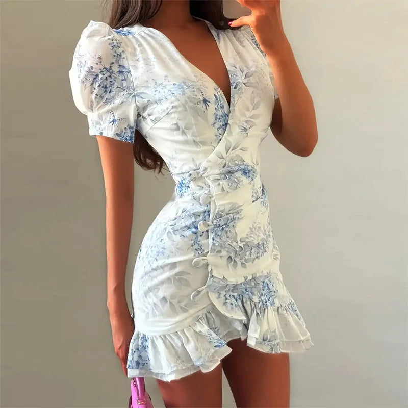 Women's Floral Ruffle Slim Dress – Deep V-Neck Double Layered Ruffled Hem Party & Daily Gown