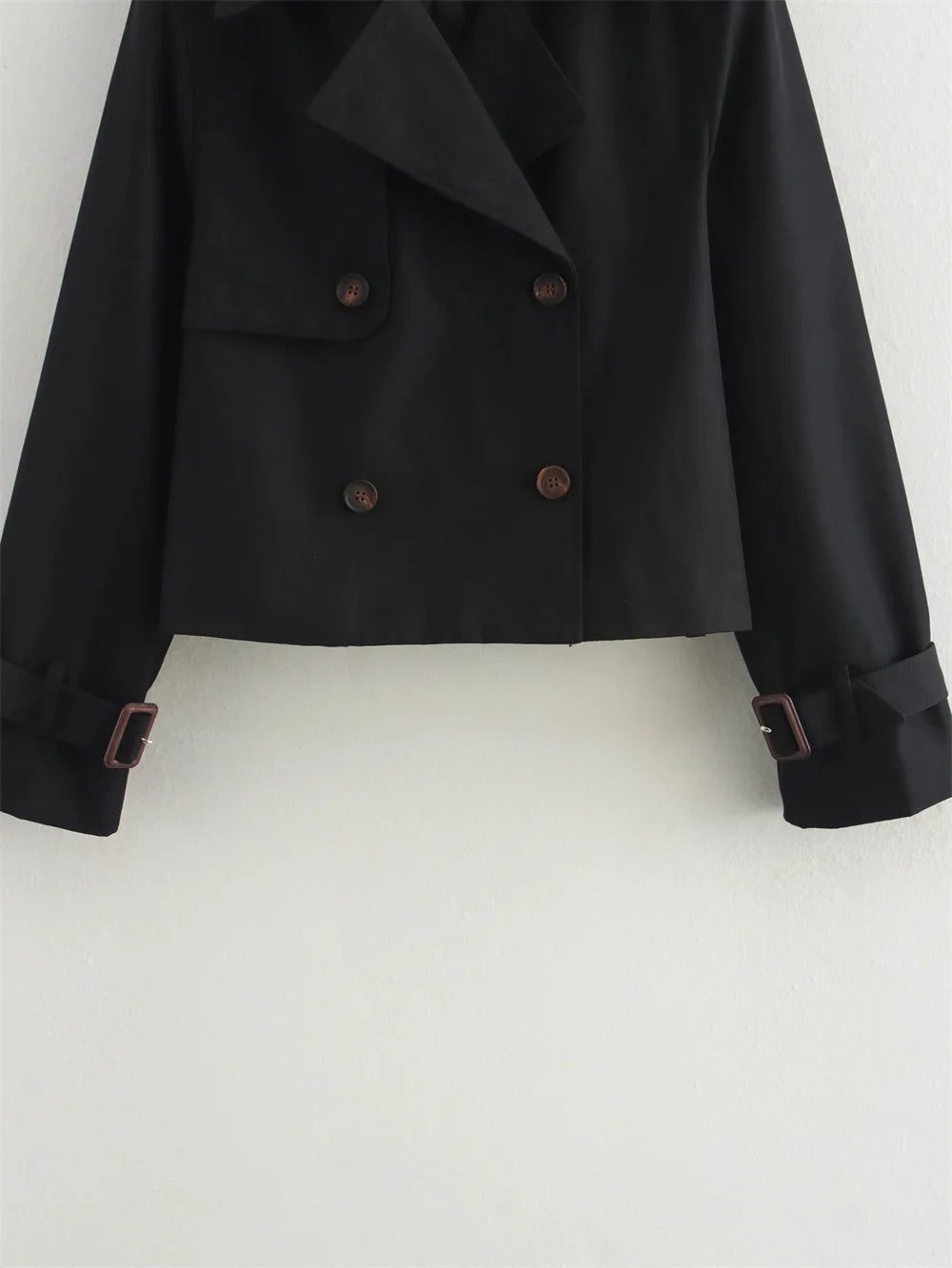 Women's Vintage Cropped Trench Jacket – Double-Breasted High-Waist Streetwear Coat