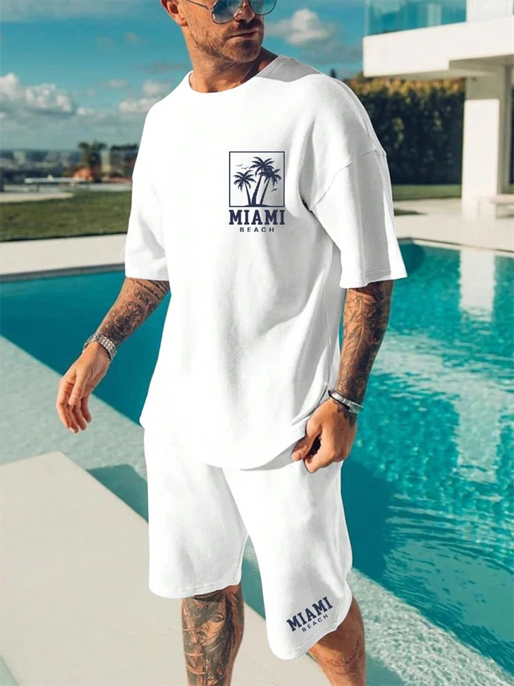 Men's Hawaiian Gradient Coconut Print T-Shirt & Pants 2-Piece Set – Beach Summer Sport