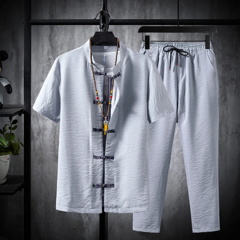 Men's 100% Cotton Linen Short Sleeve Shirt & Drawstring Pants Set