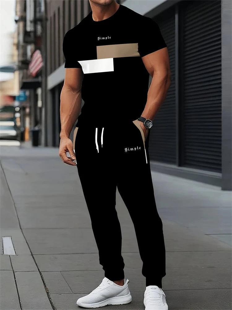 Men's Letter Print Round Neck Short Sleeve & Drawstring Long Pants Plus Size 2-Piece Outfit