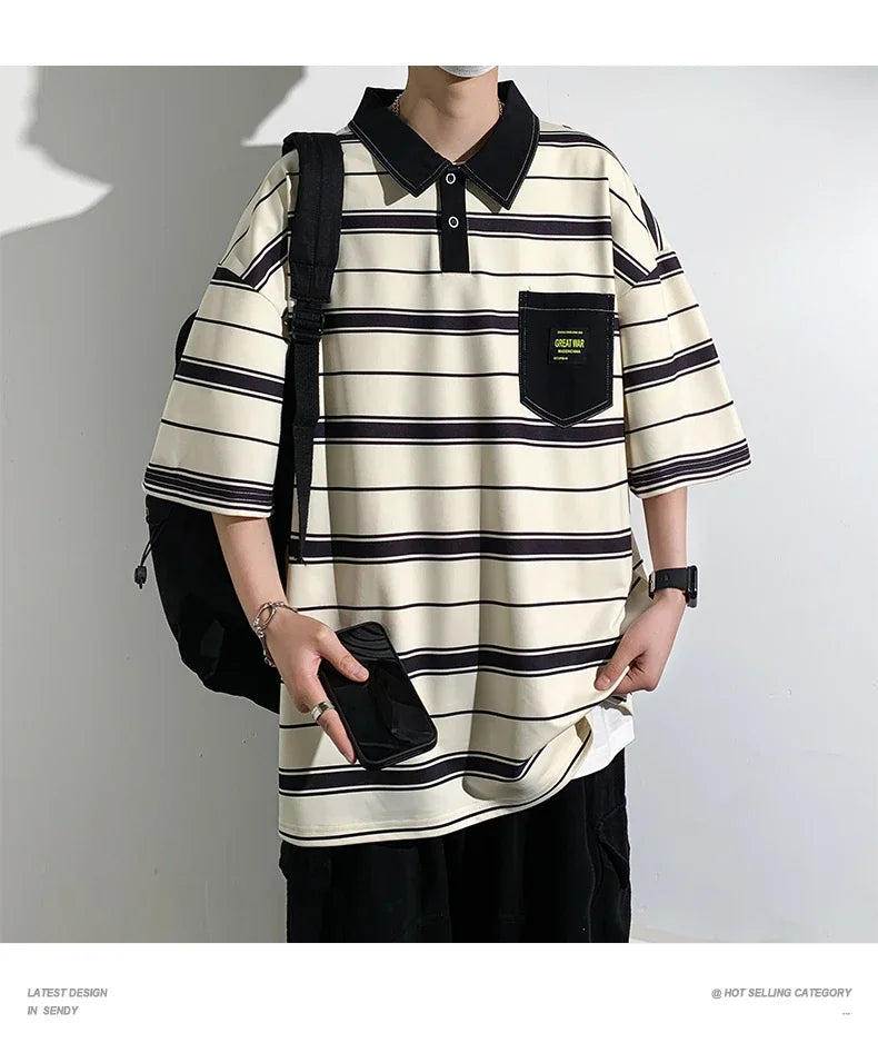 Men's Striped Polo Shirt — Loose Fit Short Sleeve Casual Summer Top