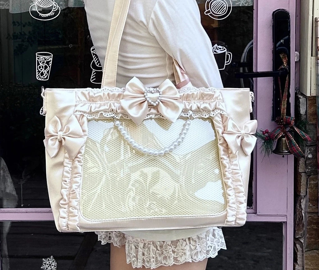 miyagawa Satin Pearl Bow Ita Bag Square Tote – Japanese Sweet High Capacity Shoulder Bag for Women