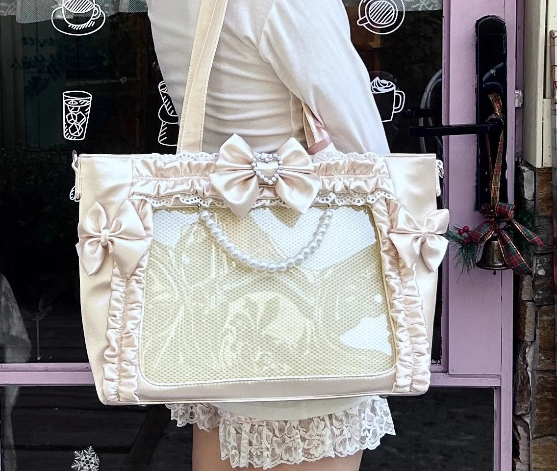 miyagawa Satin Pearl Bow Ita Bag Square Tote – Japanese Sweet High Capacity Shoulder Bag for Women