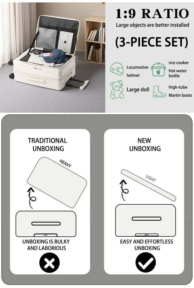 Expandable Front-Opening Suitcase – Cup Holder & Spinner Wheels