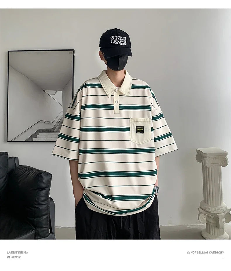 Men's Striped Polo Shirt — Loose Fit Short Sleeve Casual Summer Top