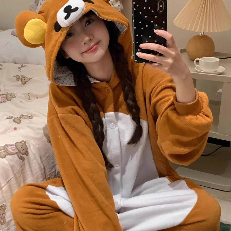 Women's Rilakkuma Bear Hooded Onesie Pajamas | Warm Cartoon Fleece Jumpsuit