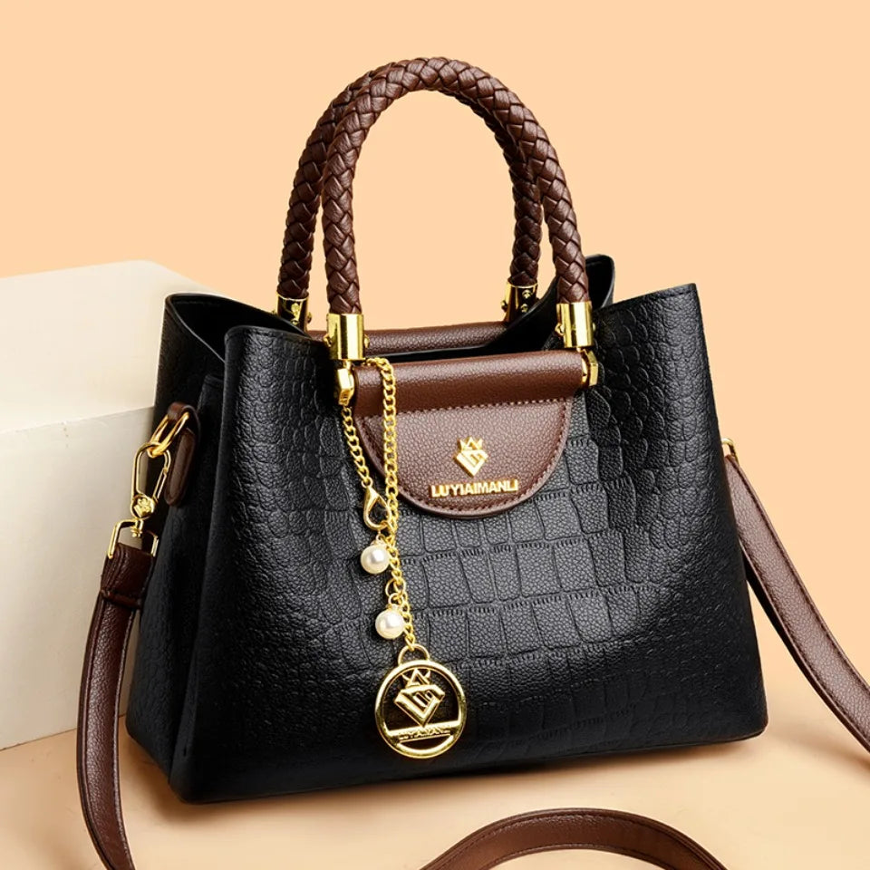 VANDERWAH Woven Handle Alligator Microfiber Leather Tote – Luxury Designer Shoulder Handbag for Women