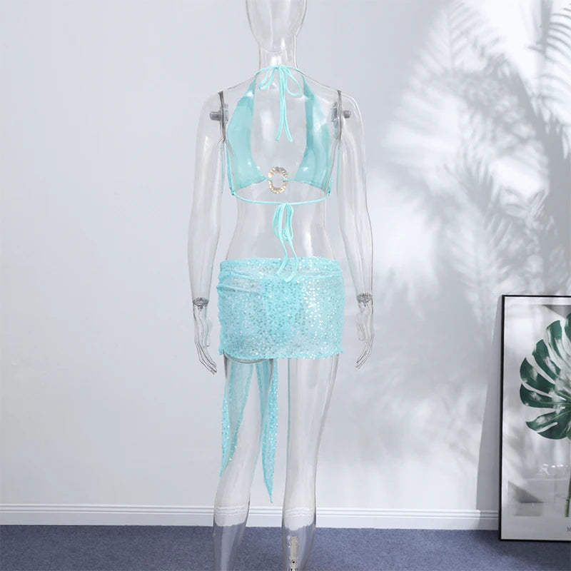 Shiny Sequins Bikini Suit | 3-Piece Hollow-Out Halter, Lace-Up Corset & Mini Skirt, 2026 Summer Beachwear