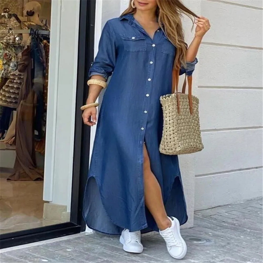 Lapel Literary Print Long Shirt Skirt Dress — Loose Single-Breasted Casual Women's Dress