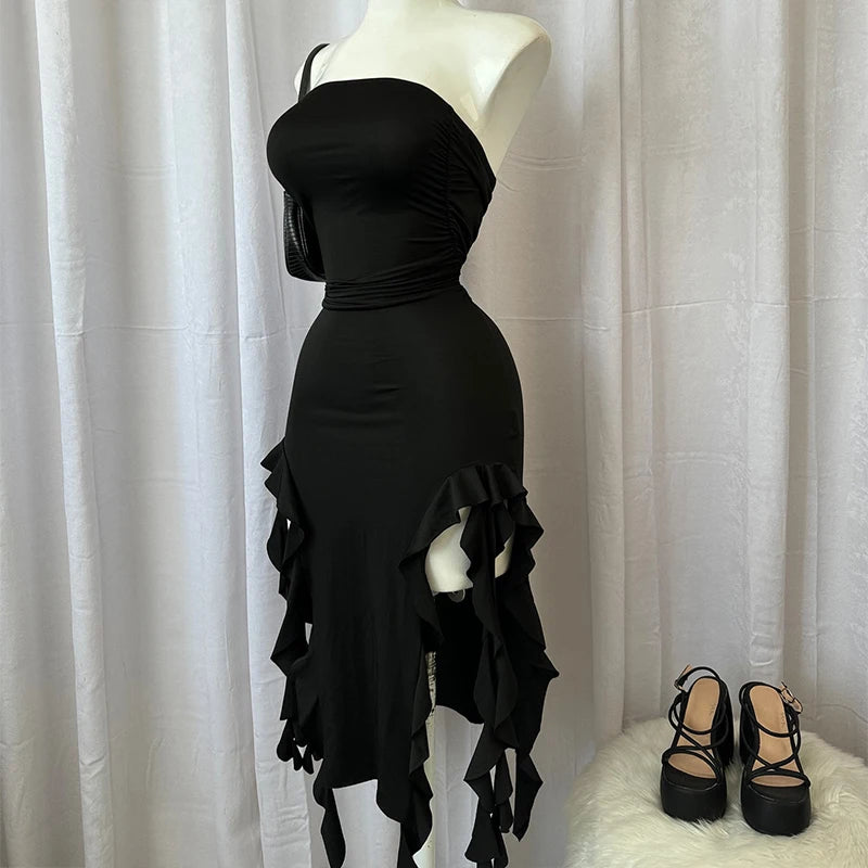 Women's Strapless Floral Fold High Slit Mini Dress – Backless Sleeveless Party Dress in Black & Pink