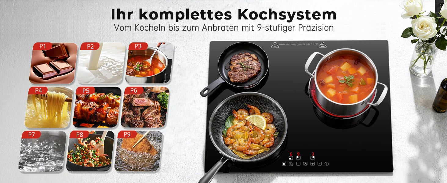 6000W 4-Zone Ceramic Induction Hob – 60cm Black Glass, Touch Control, 9 Power Levels, Timer & Child Lock