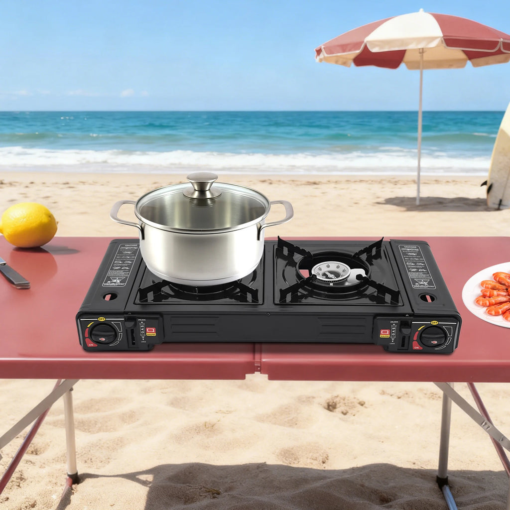 2-Burner Portable Camping Stove — 2500W Each, Butane/LPG, Piezo Ignition, Carry Case Included