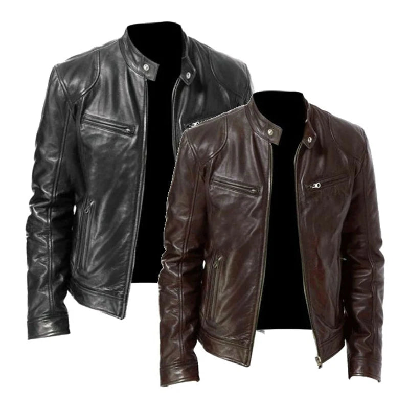 Men's Faux Leather Biker Jacket – Stand Collar Zip Front